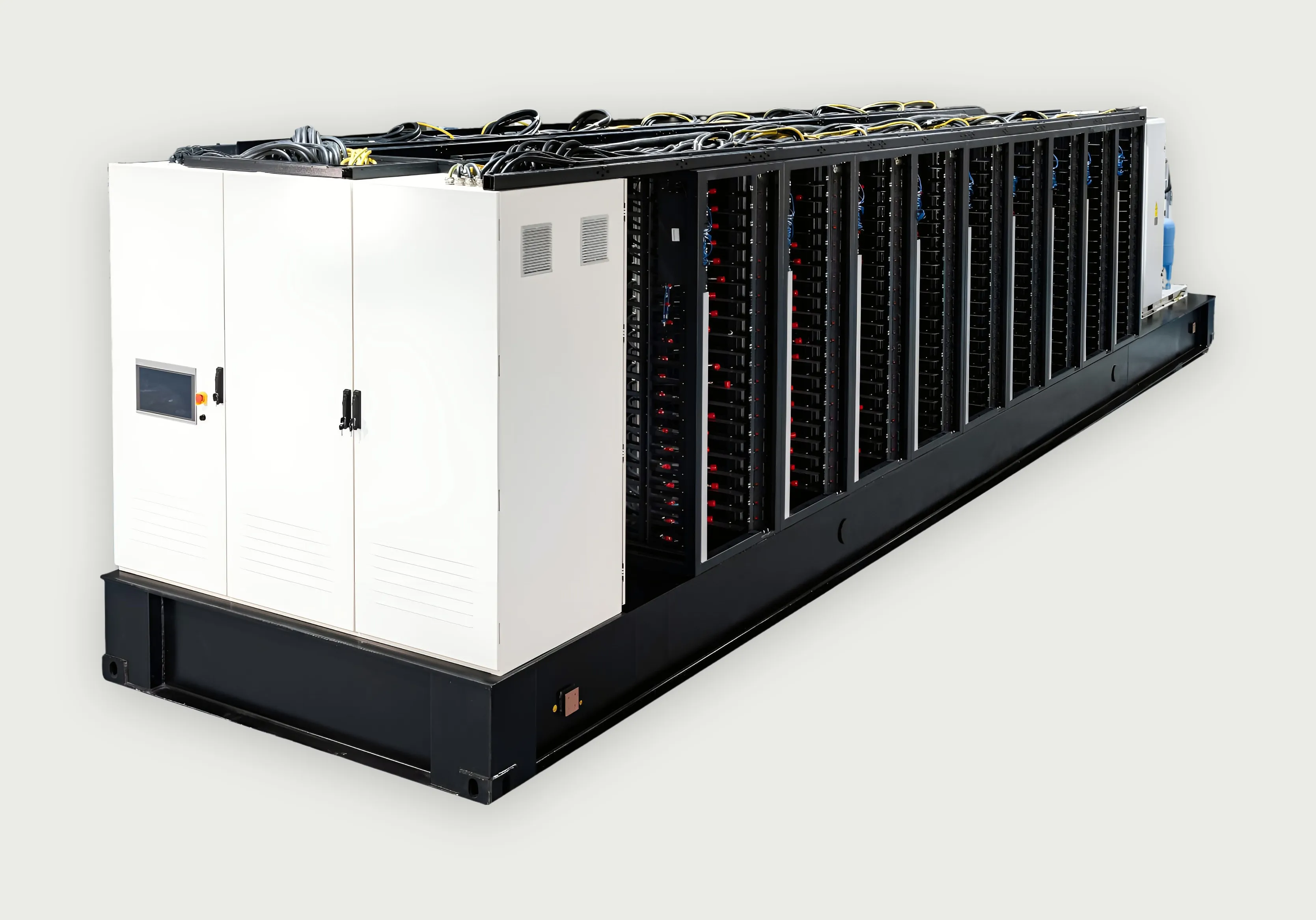 White switchgear cabinet with a touch panel at the end of the rack row, mounted on the same base frame.