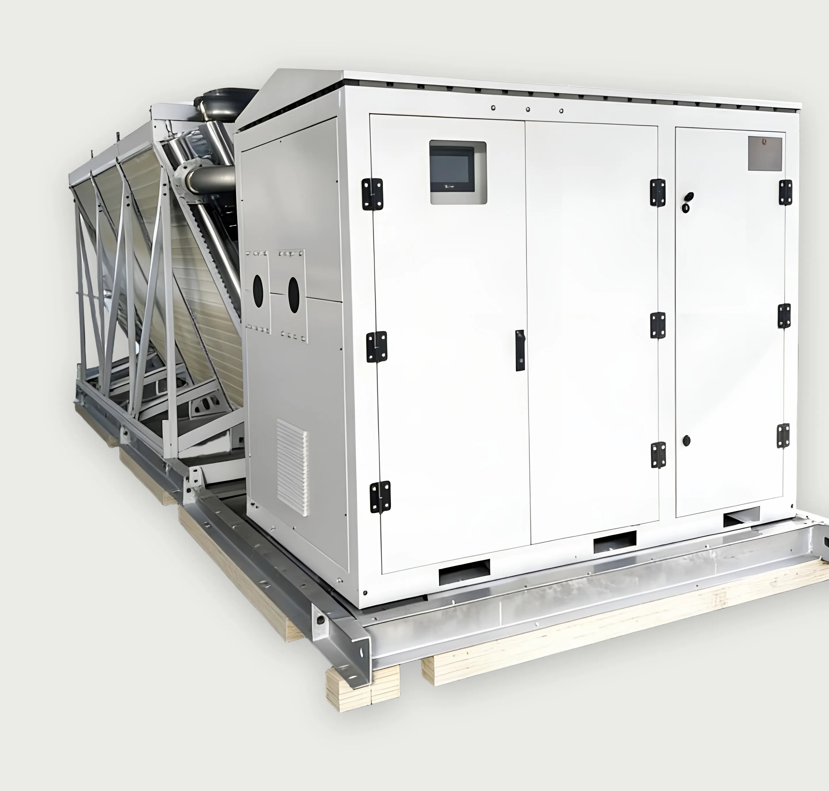 White enclosed pump station with operator panel, with a dry-cooler coil behind it.